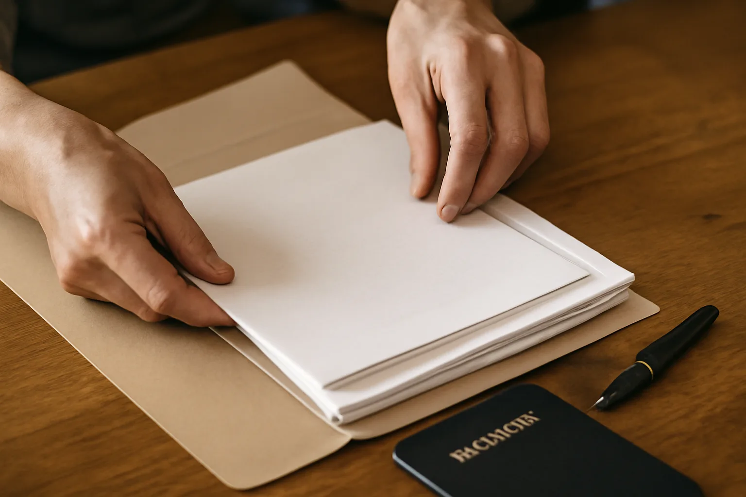 [DEMO] Hands arranging immigration paperwork into a document folder